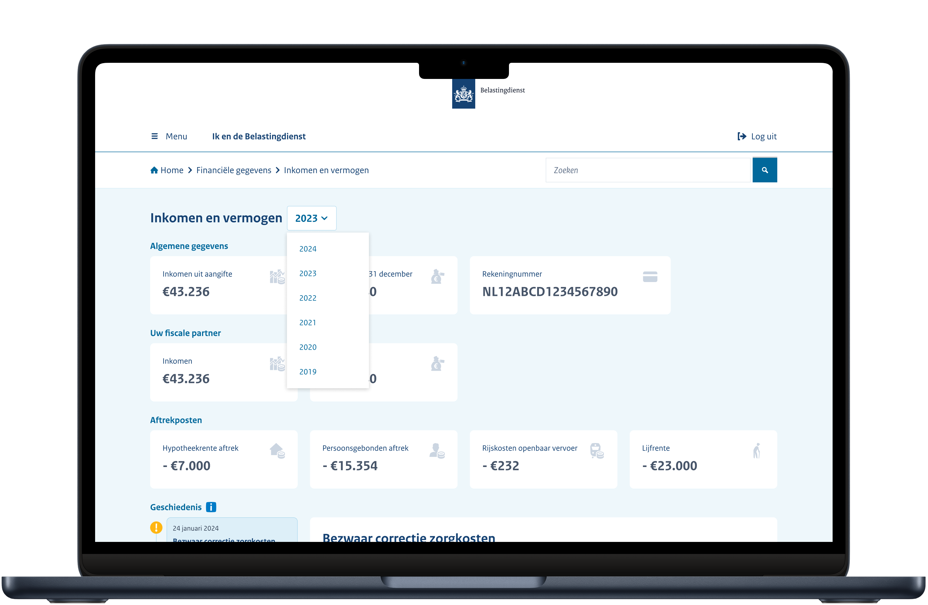 Inzage Fiscaal Dossier - inkomen prototype UI scherm